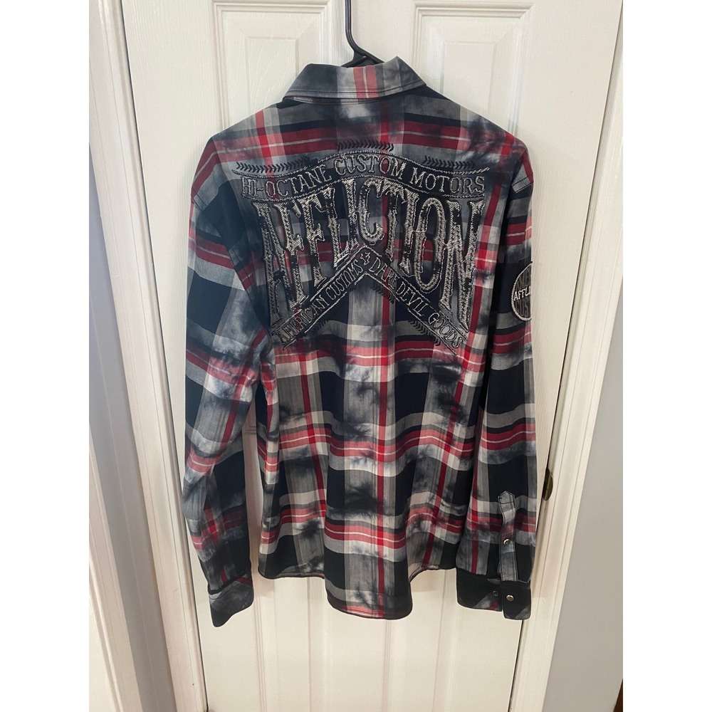 Affliction Button Down Men Large Red Grey Plaid Slim Black Premium Biker Shirt - Picture 9 of 10